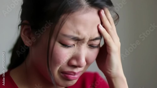 Wallpaper Mural Woman crying, indoors, hand on head, blurred background, emotional distress Torontodigital.ca