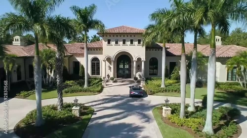 Luxury mansion driveway aerial, palm trees, sunny day