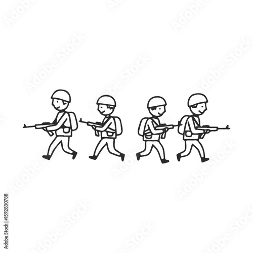 Simple line drawing of four cartoon soldiers walking in formation
