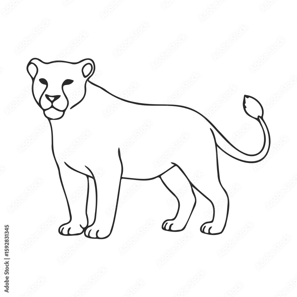 Fototapeta premium Black and white line drawing of a standing lioness illustration