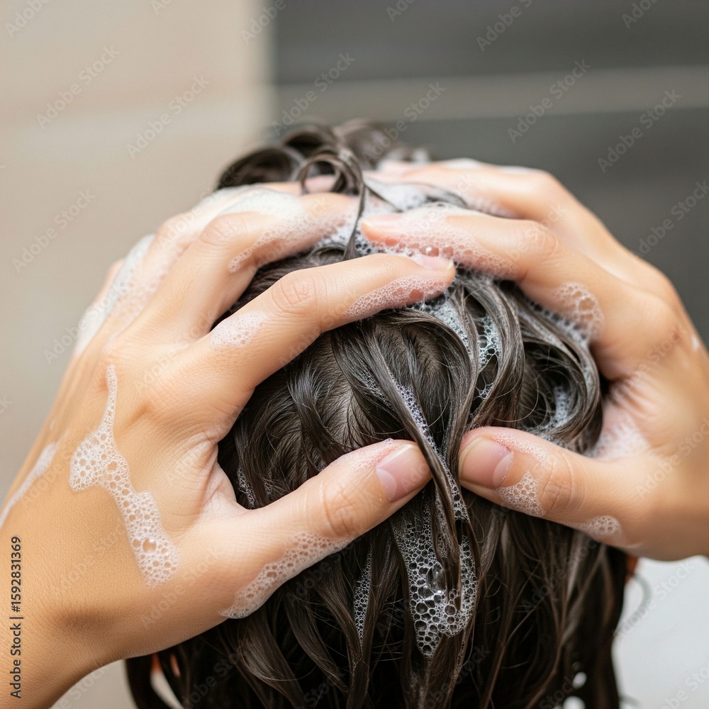 Naklejka premium woman washing her hair with shampoo