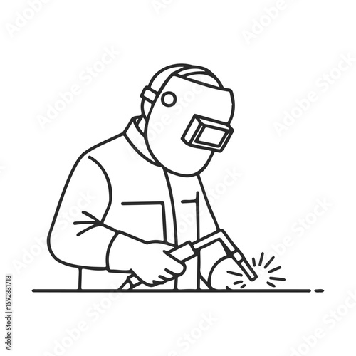 Line drawing of welder in action with protective gear and mask