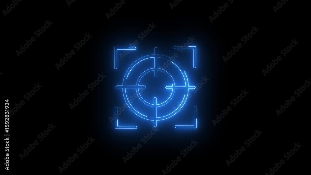 Neon target lock icon animation. Neon red futuristic technology aiming symbol on black background.