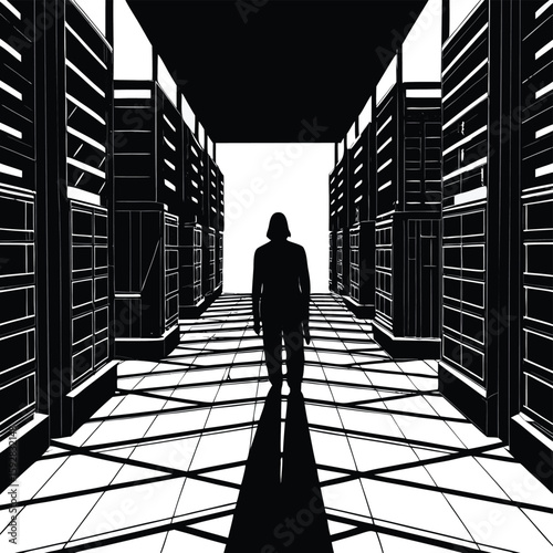 Dark silhouettes of business people walking in a light-filled office corridor