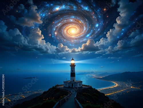 Majestic Lighthouse Under Spiraling Galaxy - Hope and Guidance