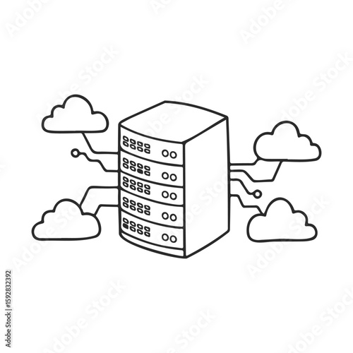 Cloud computing concept with server and connected clouds illustration