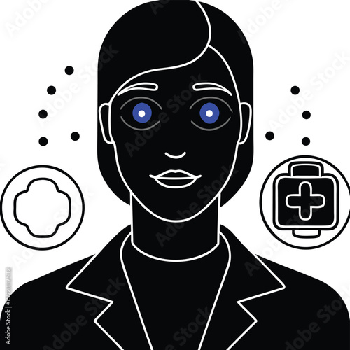 Vector illustration of a woman in a black suit with a monster mask, cartoon character with a scary smile, and wide eyes