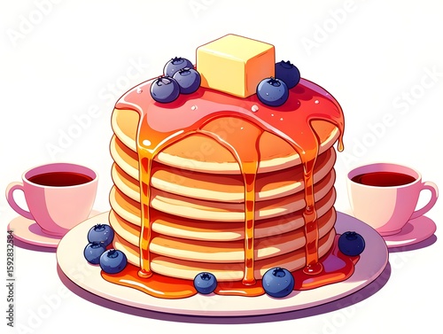Stack of Pancakes with Maple Syrup, Butter, and Blueberries - Delicious Breakfast Illustration