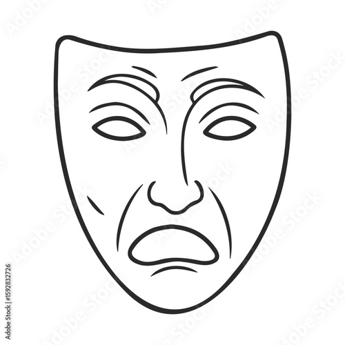 Outline drawing of tragic theater mask with sad expression