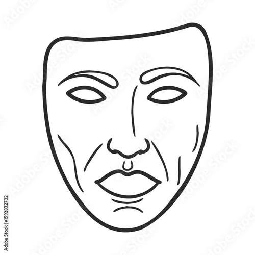 Black and white line drawing of a theatrical mask with simple features