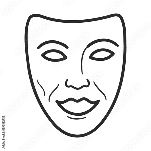 Line art illustration of a smiling theatrical mask