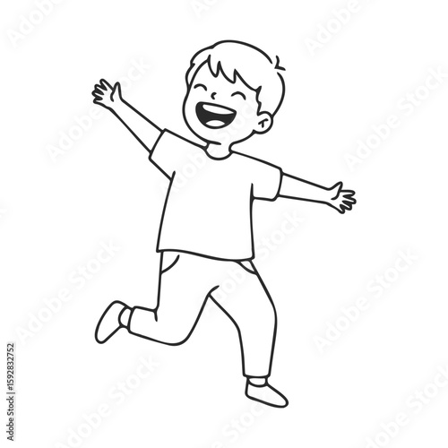 Happy cartoon child jumping with joy in line art illustration