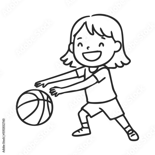 Asian female child playing basketball line art