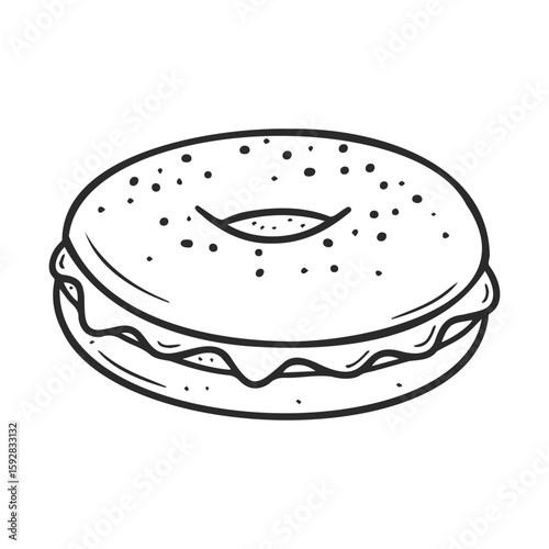 Hand-drawn bagel with cream cheese illustration in black and white