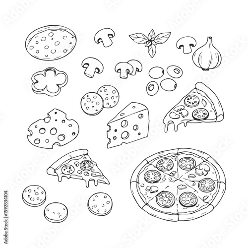 Hand-drawn pizza ingredients with cheese, mushrooms, and onion outlines in black and white