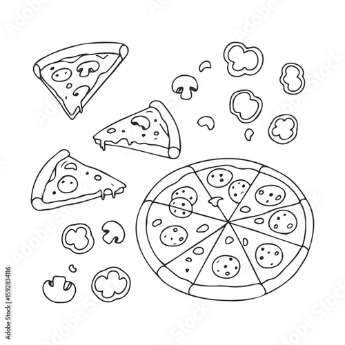Hand-drawn pizza sketch with slices and toppings