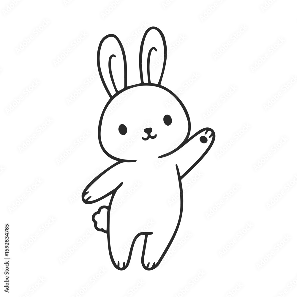 Cute hand-drawn cartoon bunny waving with happy expression Cute hand-drawn cartoon bunny waving with happy expression