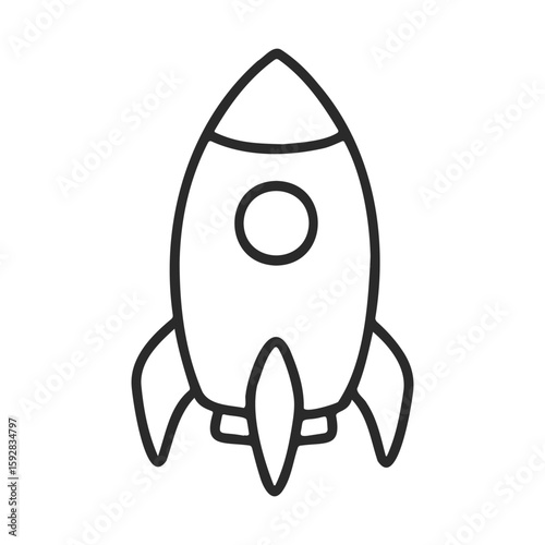 Simple black and white rocket icon on white background