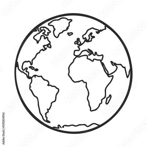 Simple black and white line drawing of earth with continents visible