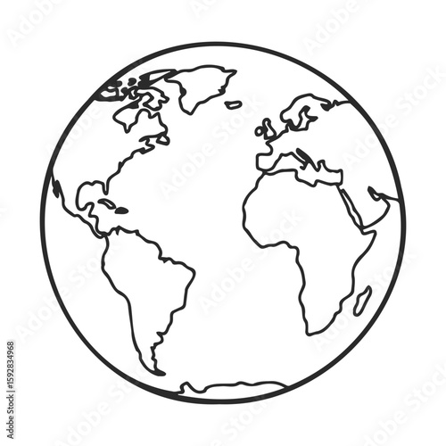 Black and white outline of earth featuring europe, africa, and america continents