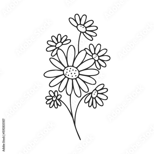 Black and white doodle of daisy flowers with stems and leaves
