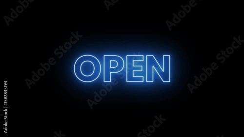 4k Glowing Blue Neon Text Open on Black Background