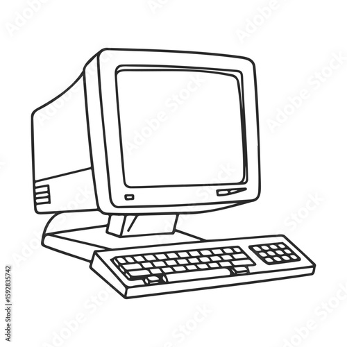 Retro crt computer with keyboard and mouse outline illustration