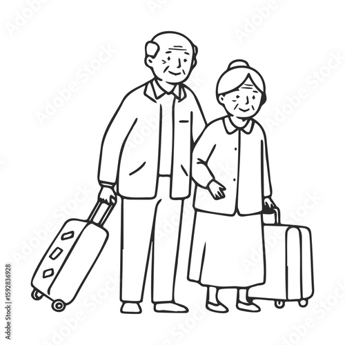 Elderly caucasian couple traveling with suitcases