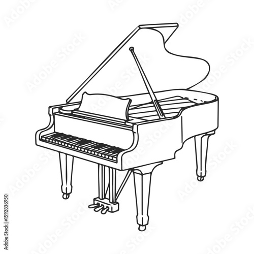 Elegant grand piano sketch with open lid and visible strings