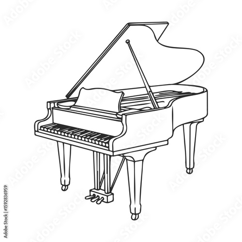 Elegant black and white line drawing of a classic grand piano with open lid
