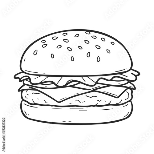 Hand-drawn cheeseburger with lettuce and tomato on sesame seed bun