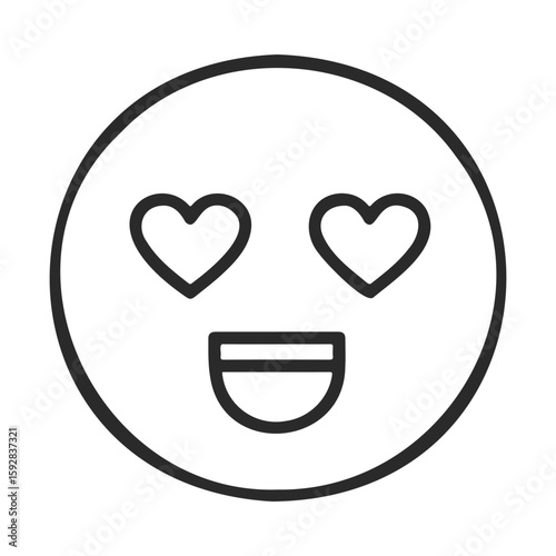 Smiling emoji with heart eyes icon in black and white illustration
