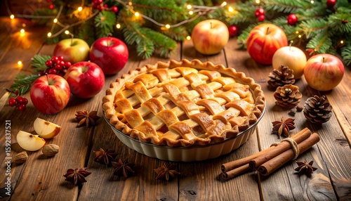 Festive apple pie on a wooden table