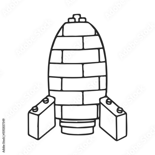 Simple sketched brick rocket with launch pads in black and white