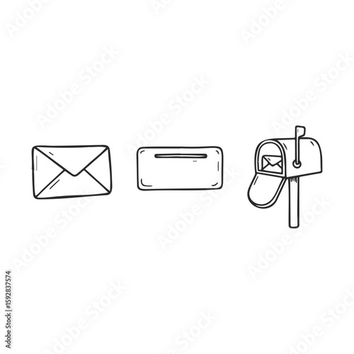 Black and white mail icons set with envelope, letter, and mailbox illustrations