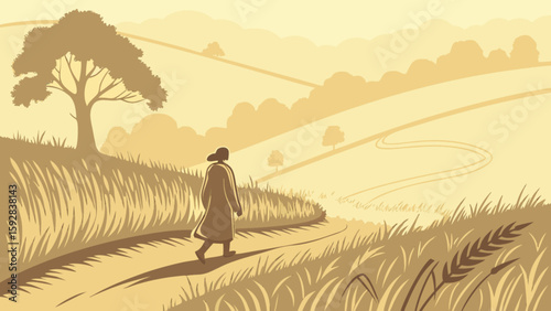 Woman walking through golden wheat field landscape illustration with rural path and tree scenery view