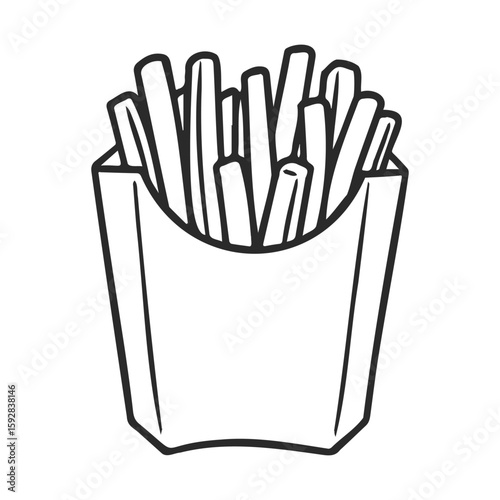 Black and white line art of french fries in a box