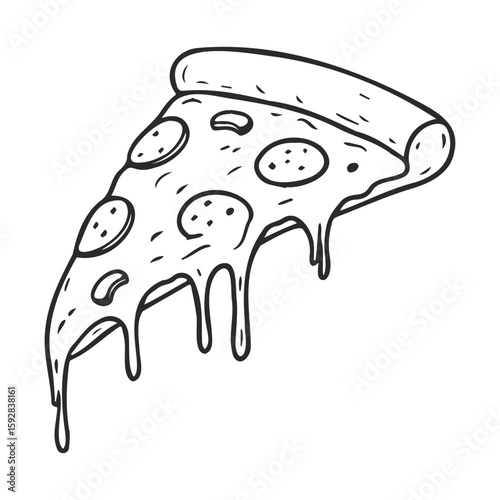 Black and white dripping pizza slice sketch with cheese and pepperoni