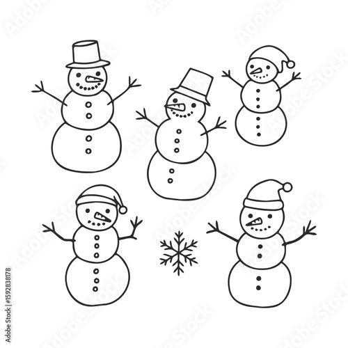 Festive snowmen with hats and scarves in winter scene