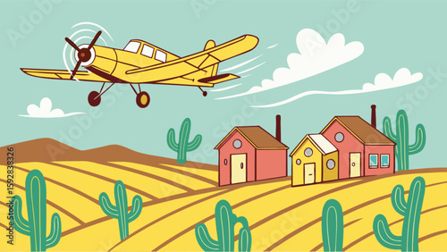 Crop duster airplane flying over desert landscape with cacti and houses cartoon vector illustration