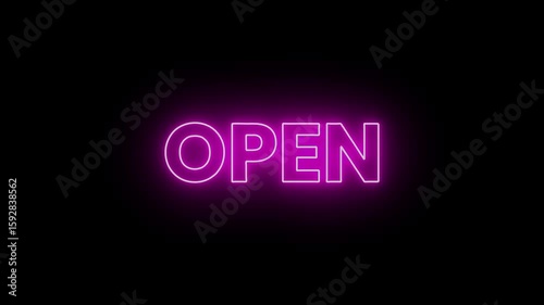 Glowing Pink Neon text Open, Loop Animation on Black Background