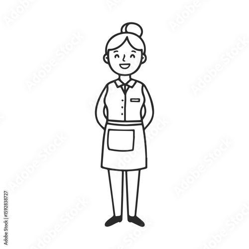 Smiling cartoon female waitress in uniform with apron - black and white line art
