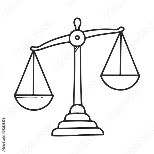 Black and white line drawing of balanced scale symbolizing justice and equality