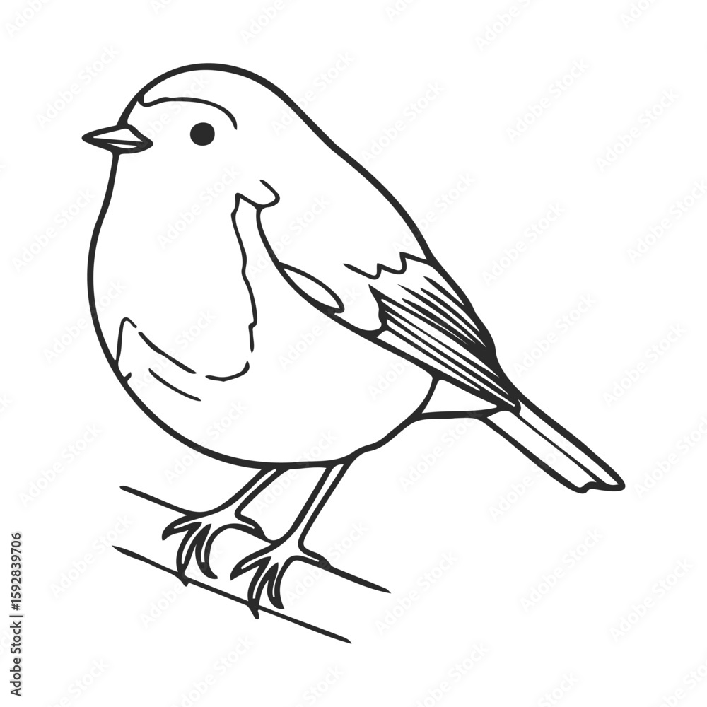 Fototapeta premium Black and white bird drawing of a standing robin on branch