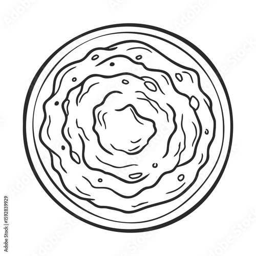 Black and white hummus illustration in circular bowl