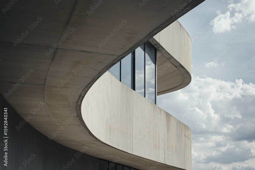 Fototapeta premium Curved concrete building section against cloudy sky.