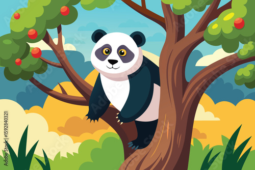A charming cartoon baby panda, illustrated as a wild animal, sits peacefully among the leaves and branches of a jungle tree, with a curious bird nearby