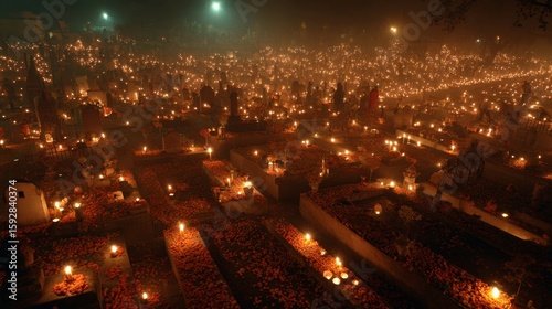 Nighttime cemetery illuminated with thousands of candles during dia de los muertos