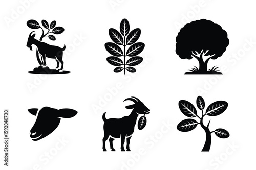 Goat silhouette with leaves and tree nature