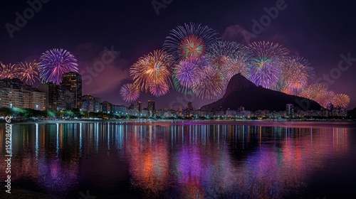 Vibrant fireworks over rio de janeiro skyline and sugarloaf mountain at night